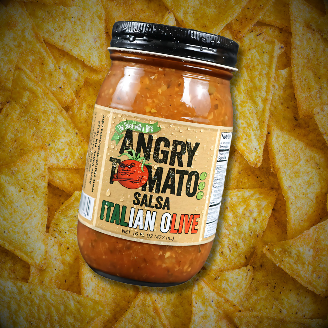 Italian Olive Single 16oz w/Chip - Angry Tomato Salsa